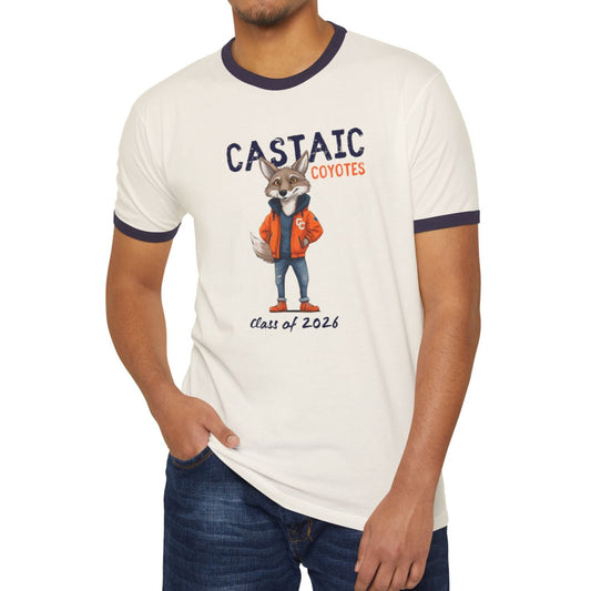 Castaic Coyote Natural and Navy ringer tee unisex