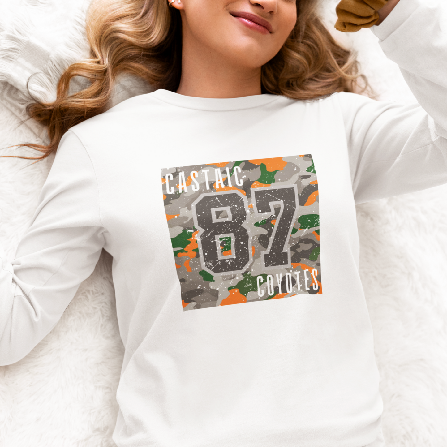 Castaic High jersey number camo distressed long sleeve tee