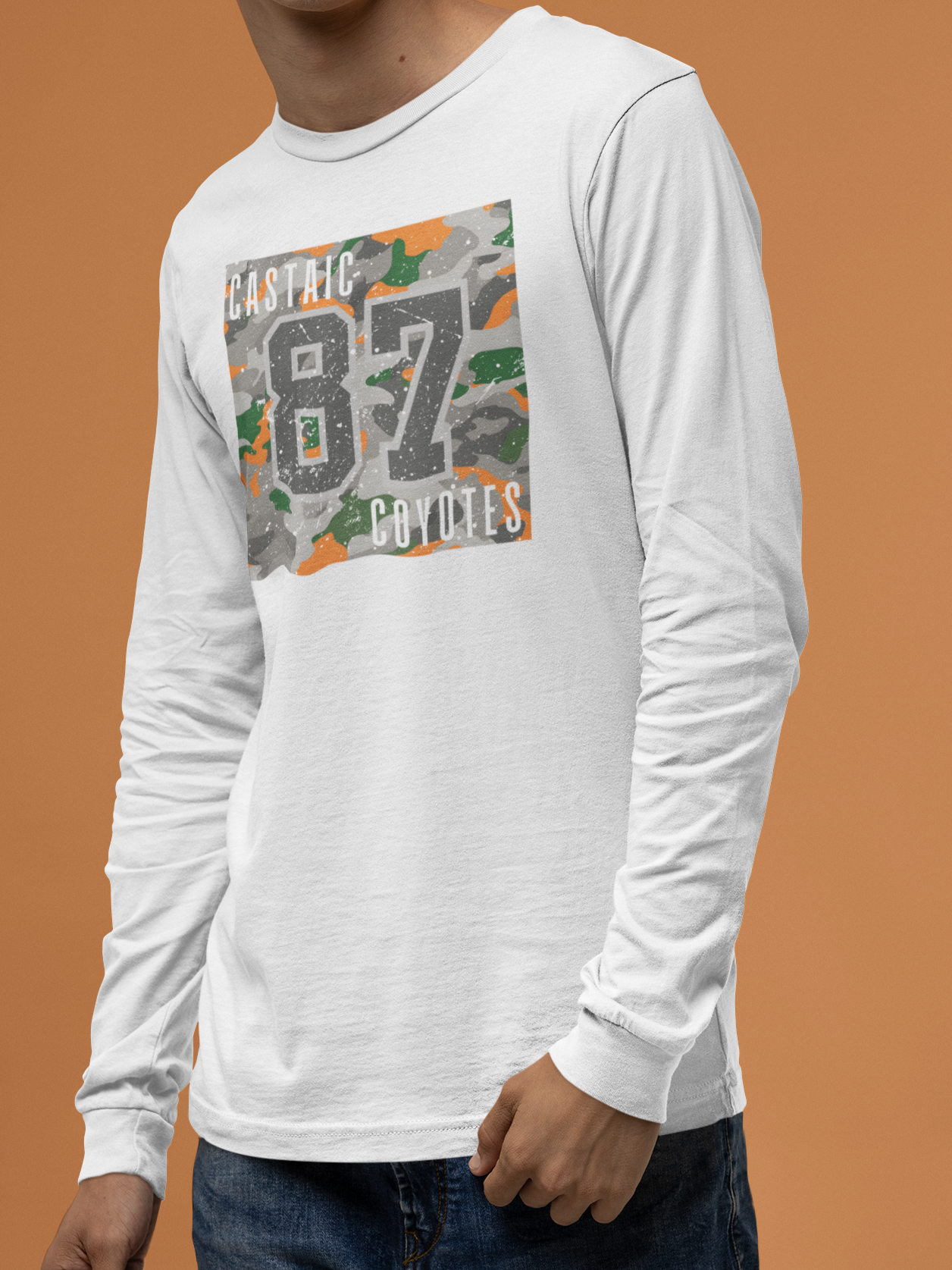 Castaic High jersey number camo distressed long sleeve tee